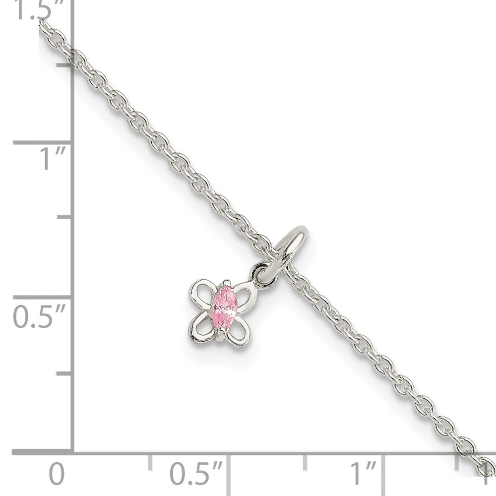 Sterling Silver Polished Pink CZ Butterfly w/ 1.5in Ext. Children's Bracele 6.5 inches