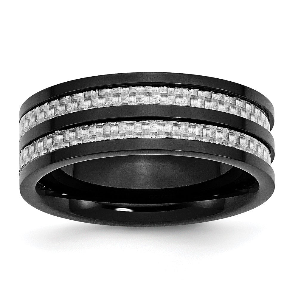 Stainless Steel Polished Black IP-plated Grey Carbon Fiber Inlay 8mm Band Size - 11.5