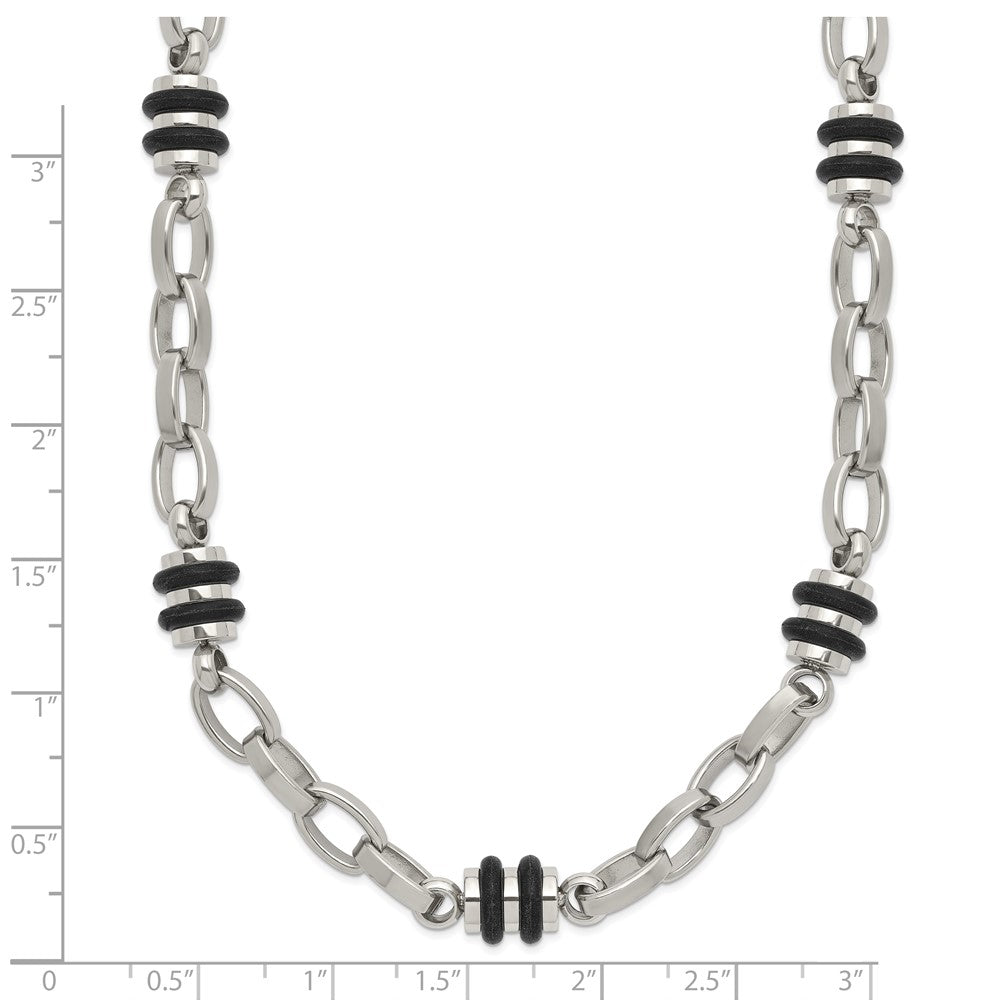 Stainless Steel Polished w/Black Rubber Barrel Link 22in Necklace
