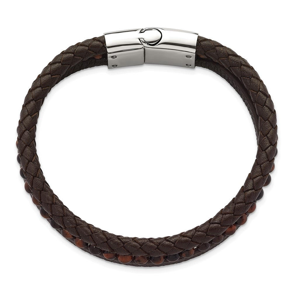 Stainless Steel Polished with Tiger's Eye Brown Leather 8.25in Bracelet 8.25 inches