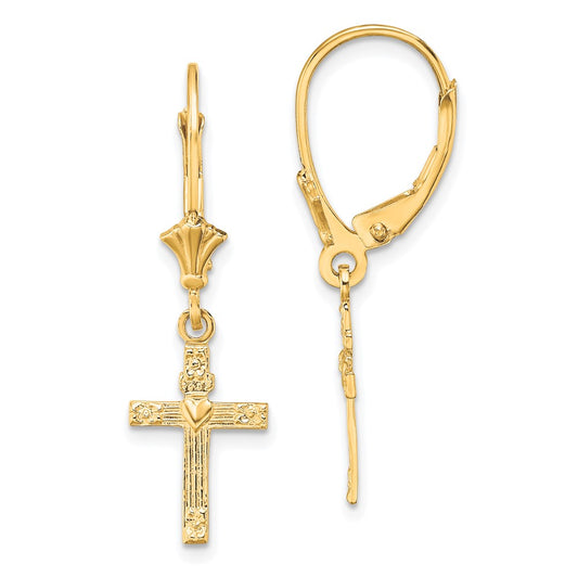 10K Textured Heart In Cross Leverback Earrings