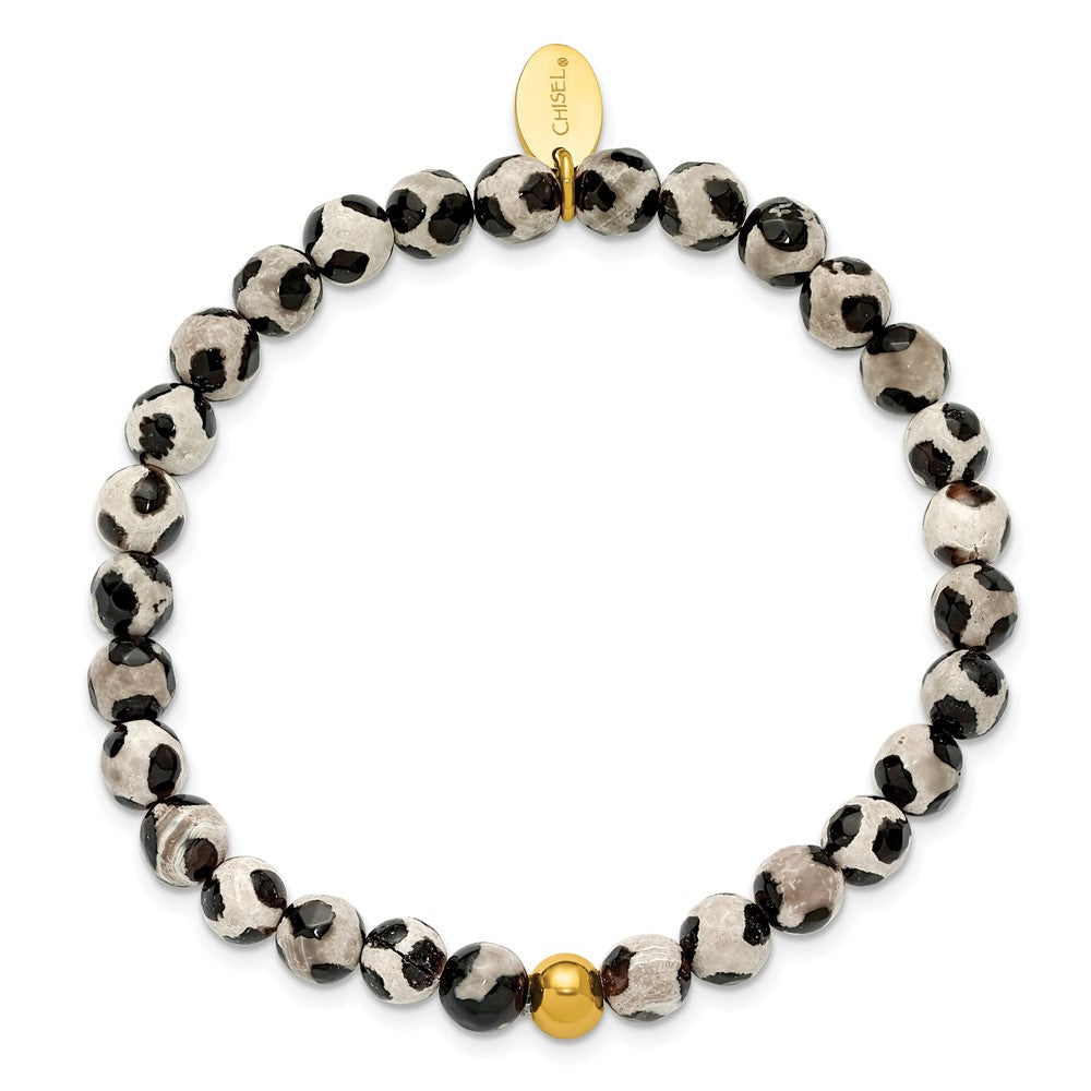 Chisel Stainless Steel Polished Yellow IP-plated 6mm Black Spot Agate Beaded 6.25 inch Stretch Bracelet 6.25 inches