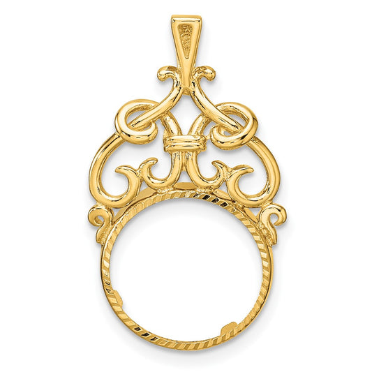 Wideband Distinguished Coin Jewelry 14k Polished Fancy Filigree Top and Diamond-cut 13.0mm Prong Coin Bezel Pendant