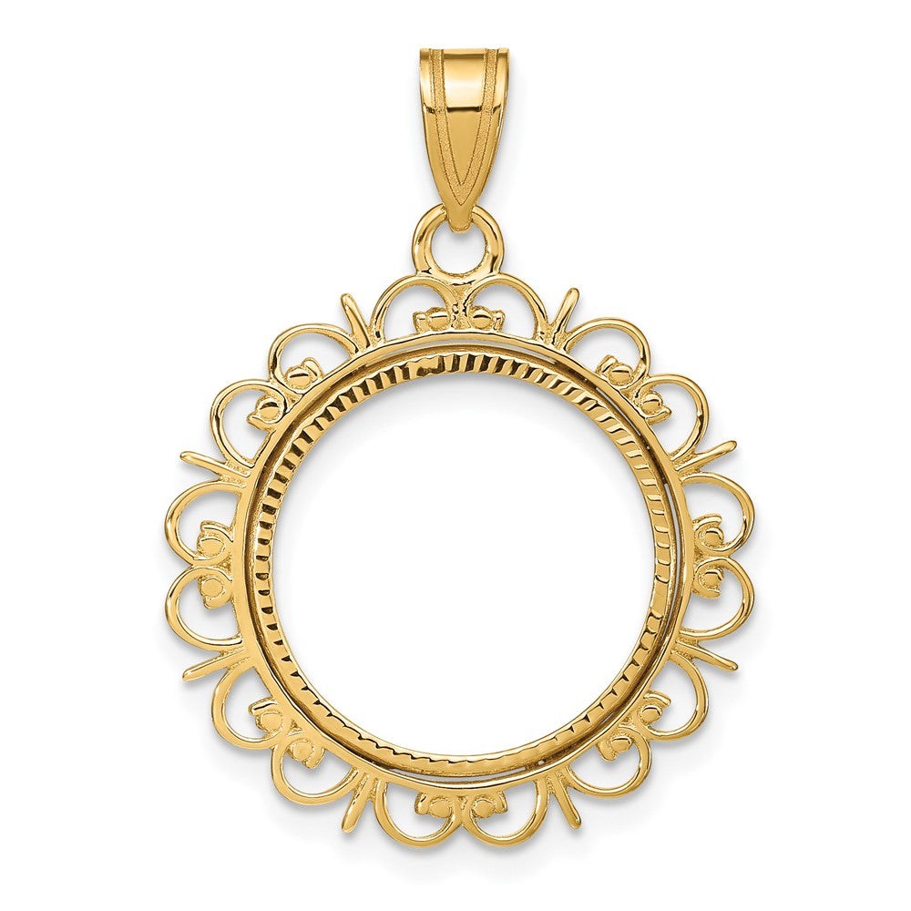 Wideband Distinguished Coin Jewelry 14k Polished and Diamond-cut Fancy 16.5mm Prong Coin Bezel Pendant