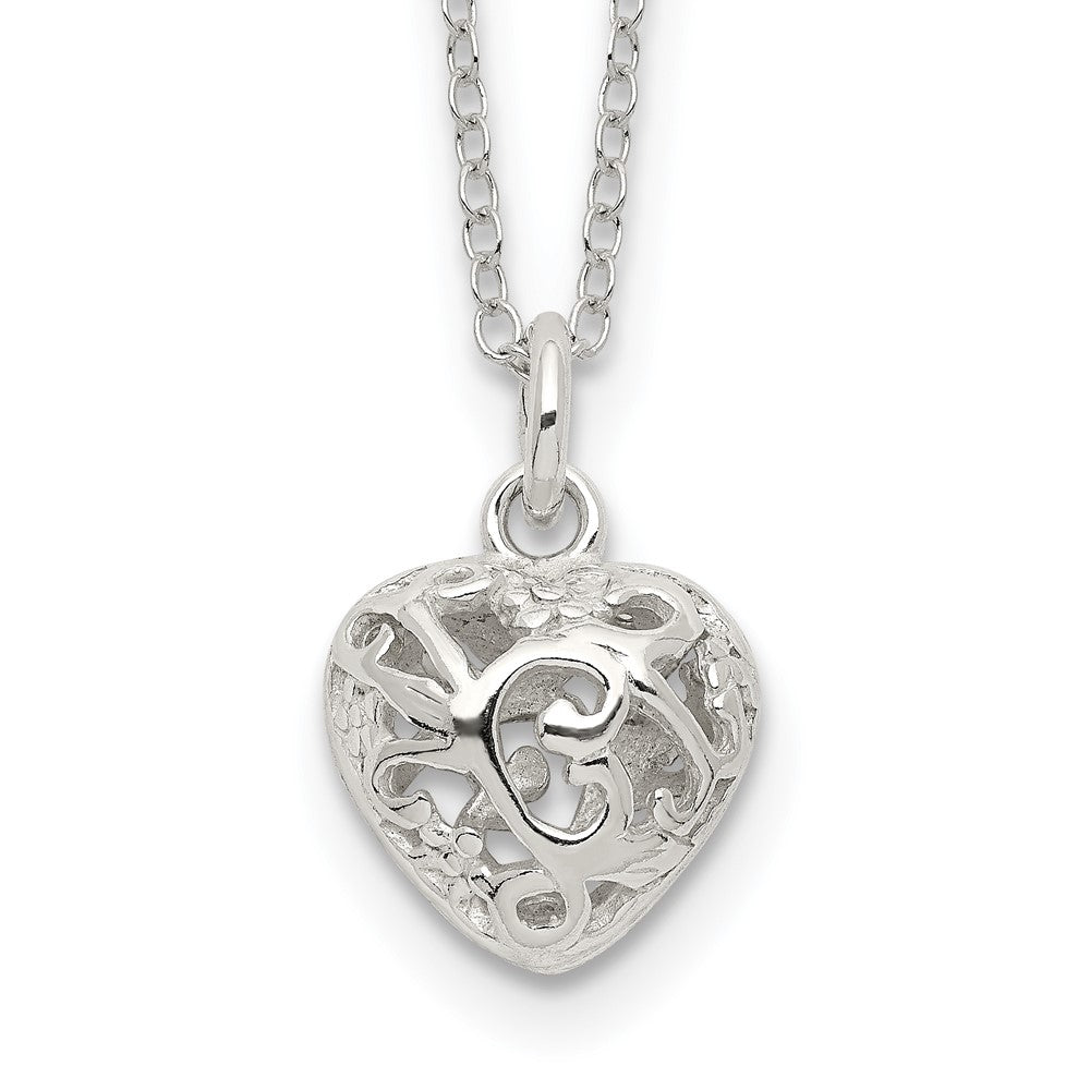 Sterling Silver Polished Puffed Filigree Heart 18 inch Necklace 18 Inches