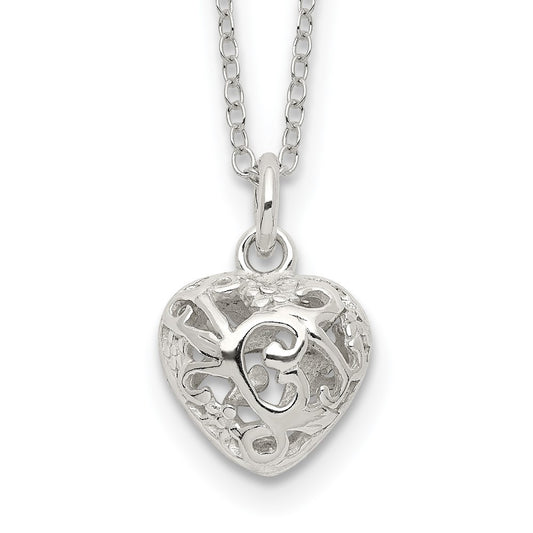 Sterling Silver Polished Puffed Filigree Heart 18 inch Necklace 18 Inches