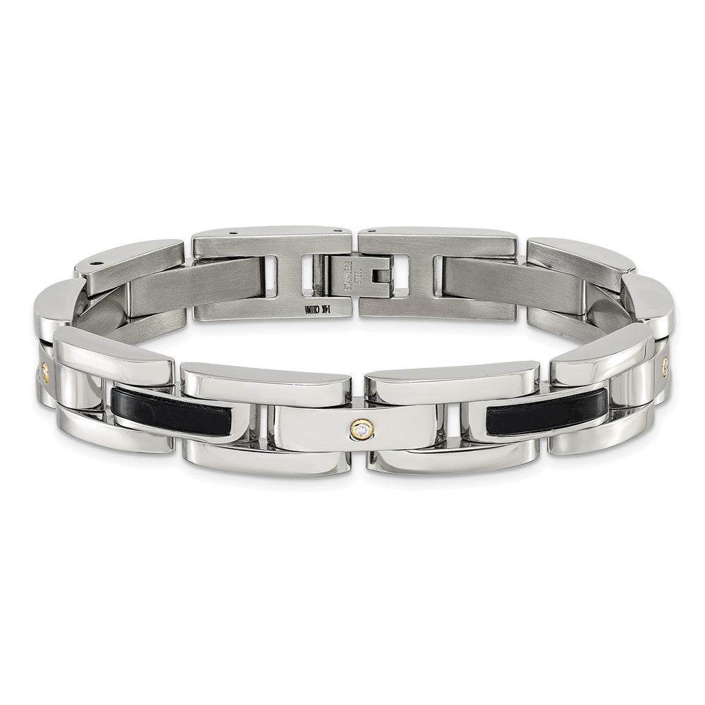Chisel Stainless Steel Polished with 14K Gold Accent and 1/20ct. Diamond and Onyx 8.25 inch Link Bracelet 8.25 inches