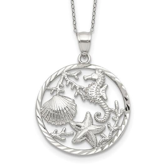Sterling Silver Rhodium-plated Seahorse, Starfish and Shell Pendant 18 Inches