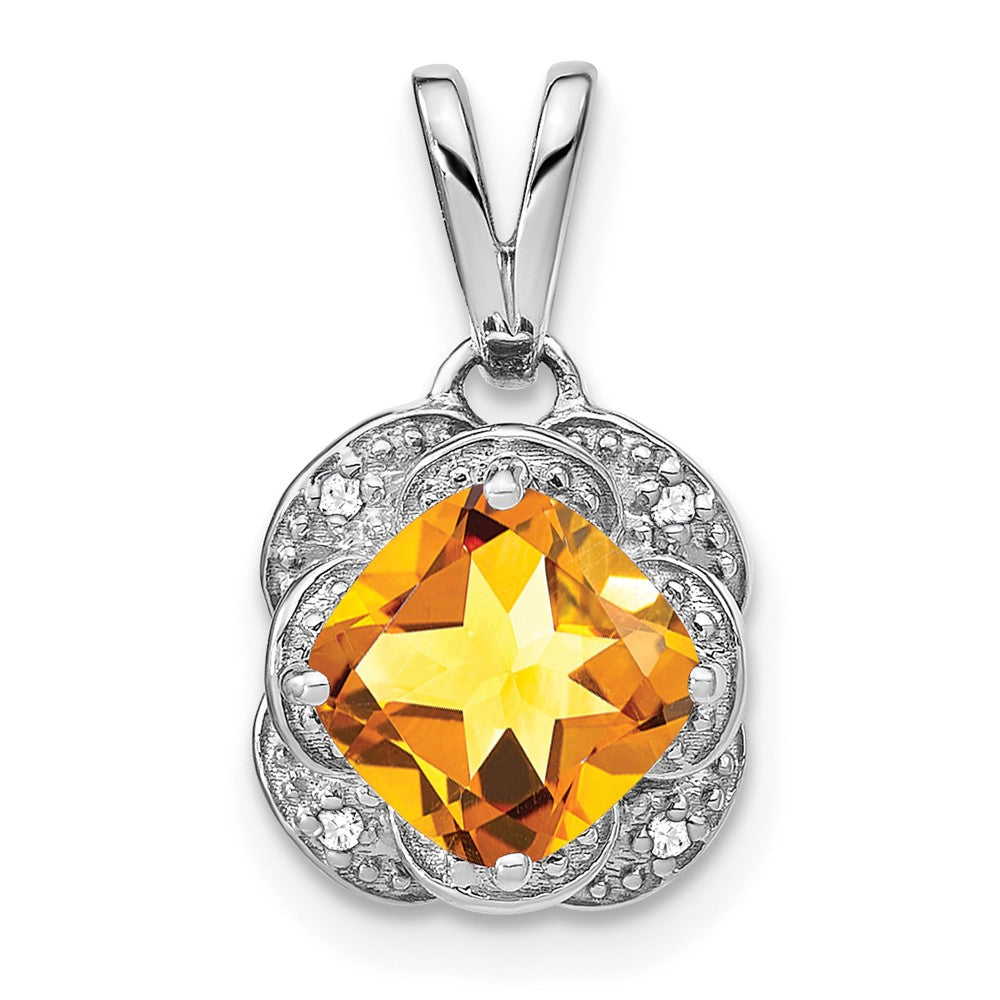 14k White Gold Cushion Citrine and Diamond Pendant