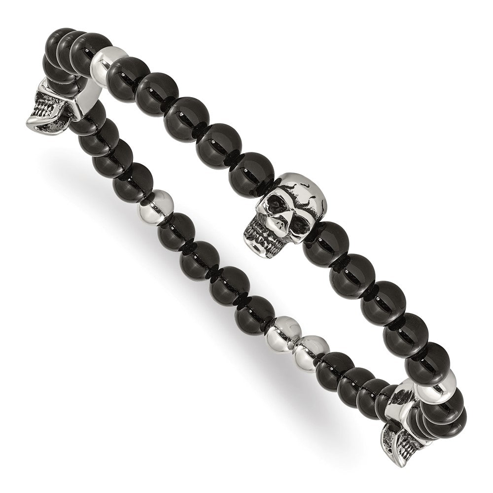 Stainless Steel Antiqued & Polished Black Agate w/Skulls Stretch Bracelet 8.25 inches
