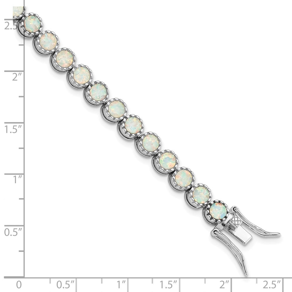 Sterling Silver Rhodium-plated Beaded White Created Opal Inlay Bracelet 7 inches
