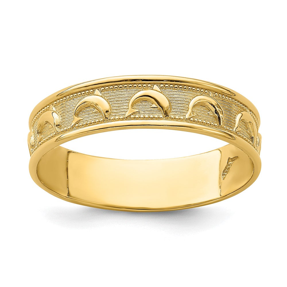 14K Gold Polished and Textured Dolphin Engraved Thumb Ring Size 8