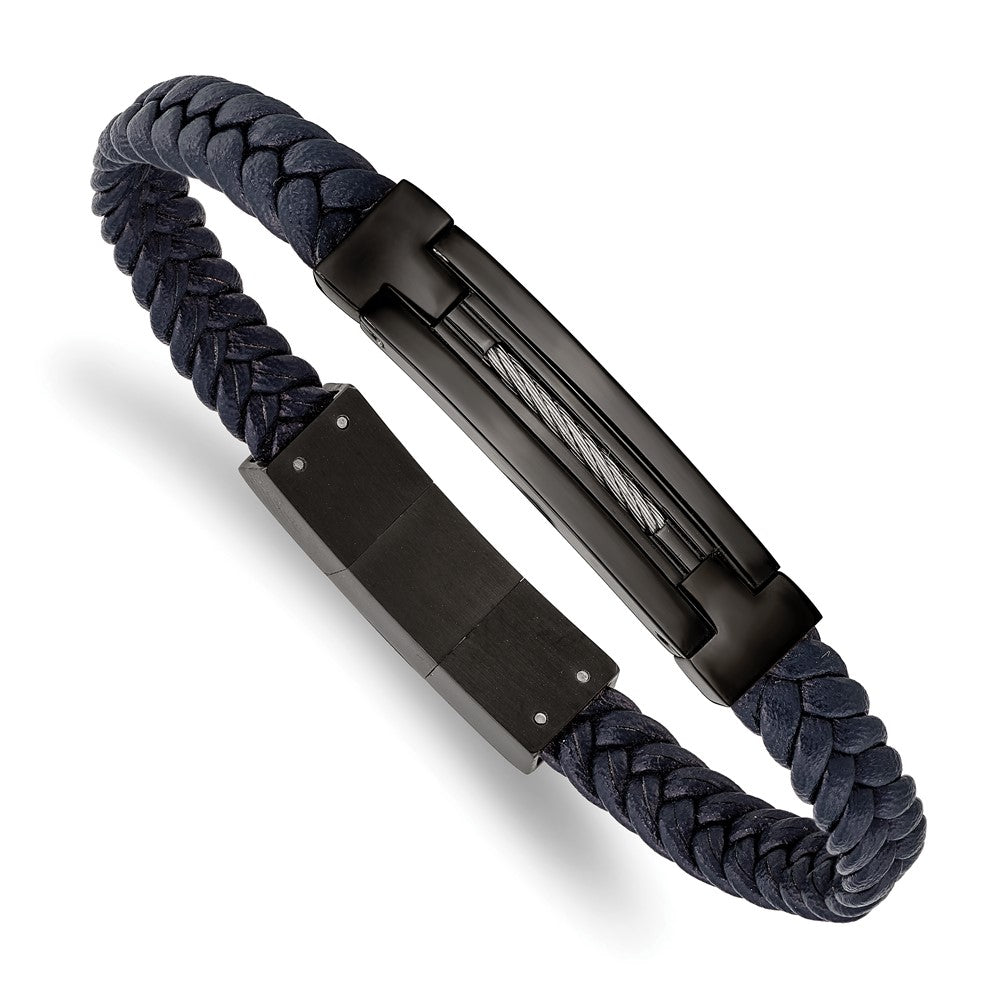 Stainless Steel Polished Black IP Navy Blue Leather w/.5in ext. Bracelet 8 inches