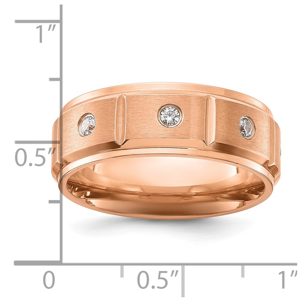 Chisel Stainless Steel Brushed and Polished Rose IP-plated with CZ 8mm Band Size - 11