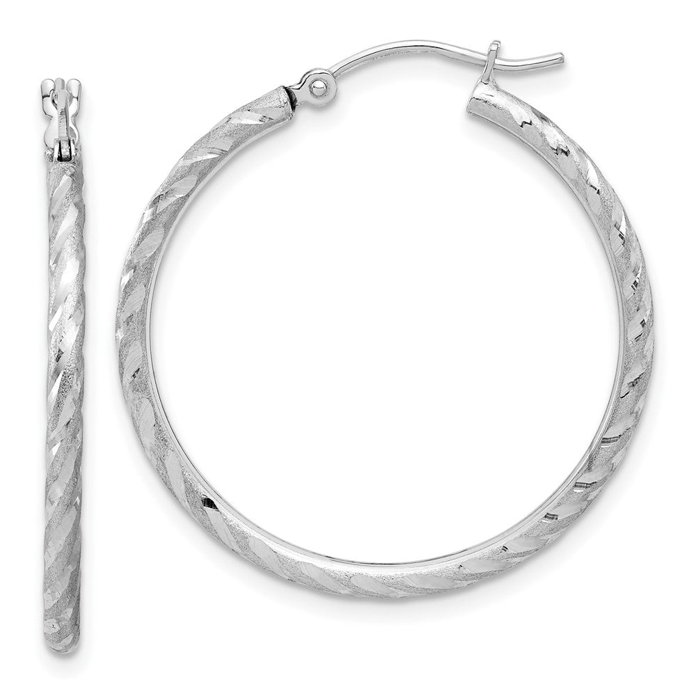10k White Gold Polished and Satin D/C 2.00mm Hoop Earrings
