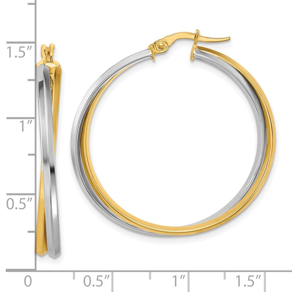 14K with Rhodium Polished Twist Round Hoop Earrings