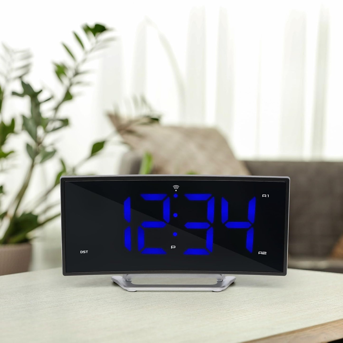 La Crosse Technology 1.8 inch Corded Electric Curved Blue LED Atomic Dual Alarm Clock, 617-249