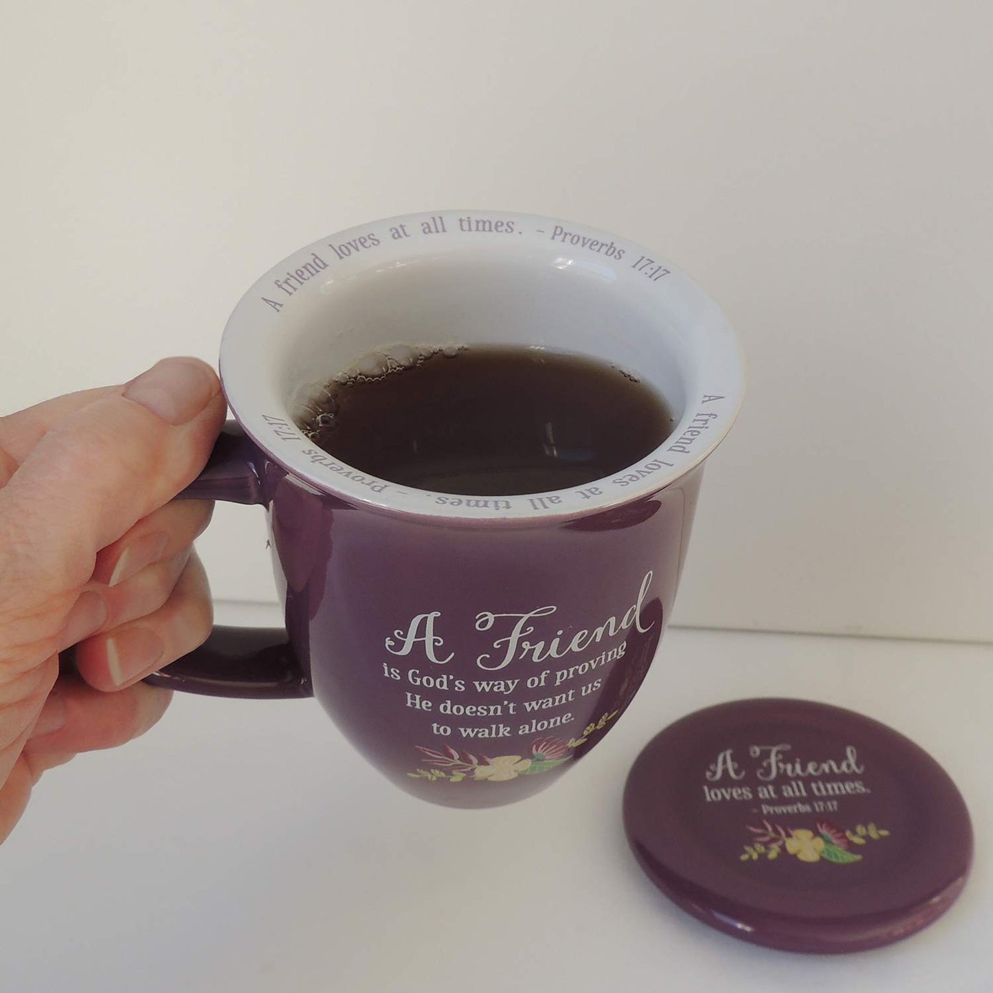A FRIEND Proverbs 17:17 Purple Floral 14 oz. Ceramic Mug and Coaster Set Boxed QGM21144