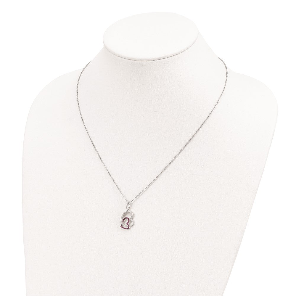 Brilliant Embers Sterling Silver Rhodium-plated 62 Stone 18 inch Micro Pav‚ Red and White CZ Heart Necklace with 2 Inch Extender 18 Inches