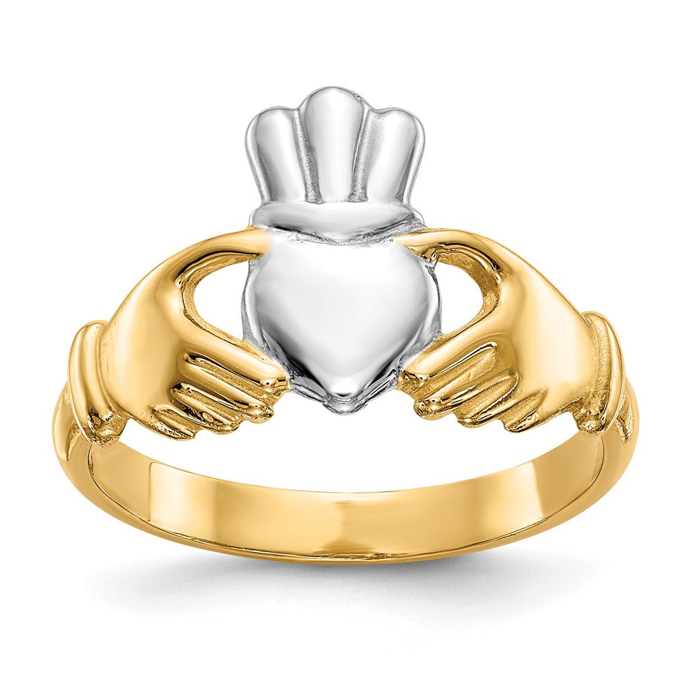 14k Polished and Rhodium Claddagh Ring Size 6.5