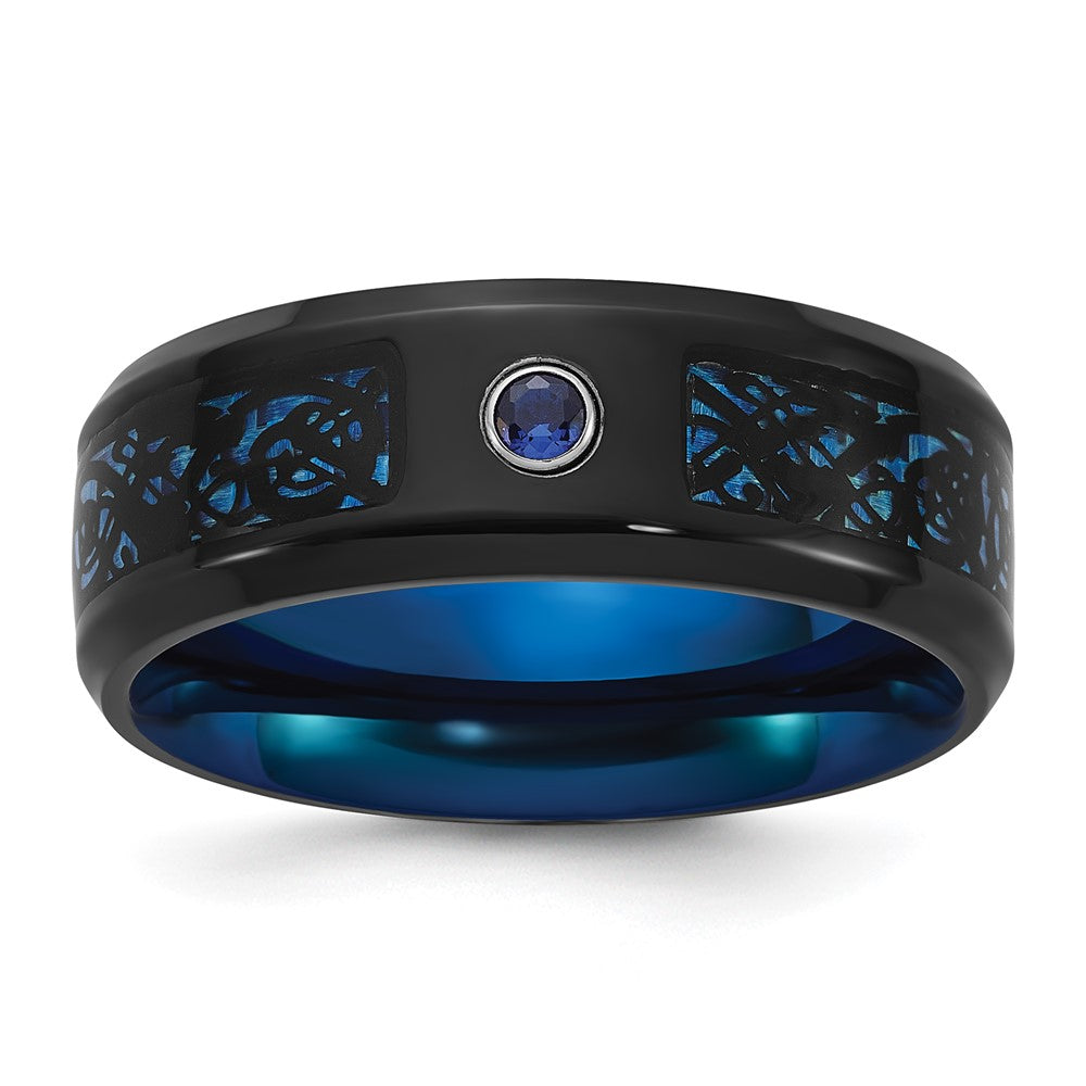 Chisel Titanium Polished Black and Blue IP-plated with Blue CZ Carbon Fiber Inlay in Clear Epoxy 8mm Band Size - 8