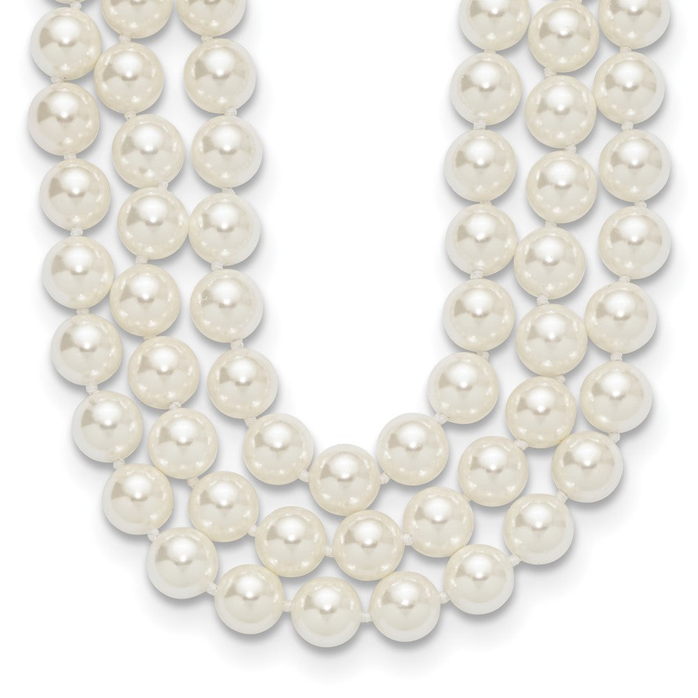 Majestik Sterling Silver Rhodium-plated 3 Row 10-11mm White Imitation Shell Pearl Hand-knotted Necklace 18 Inches