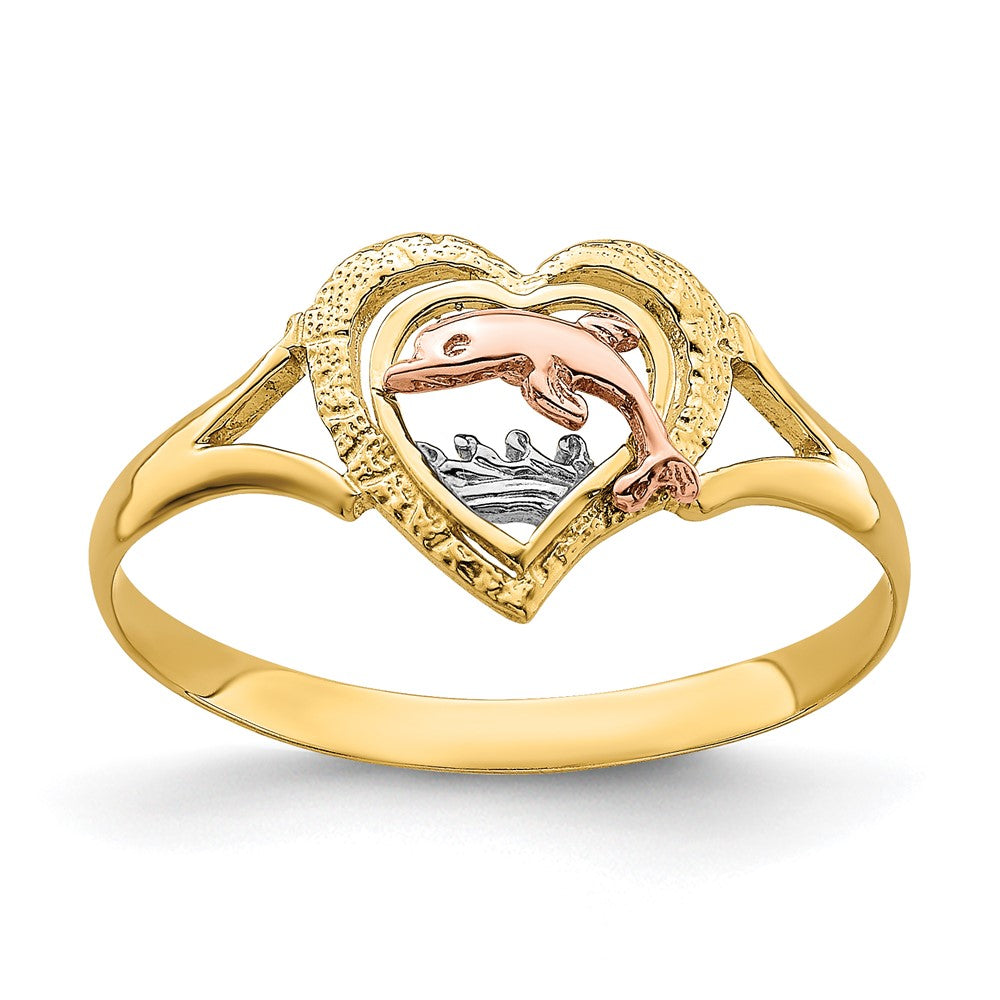 14K Yellow and Rose Gold W/Rhodium Dolphin In Heart Ring Size 7