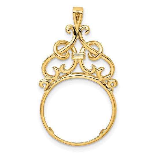 Wideband Distinguished Coin Jewelry 14k Polished Fancy Filigree Top 16.5mm Prong Coin Bezel Pendant