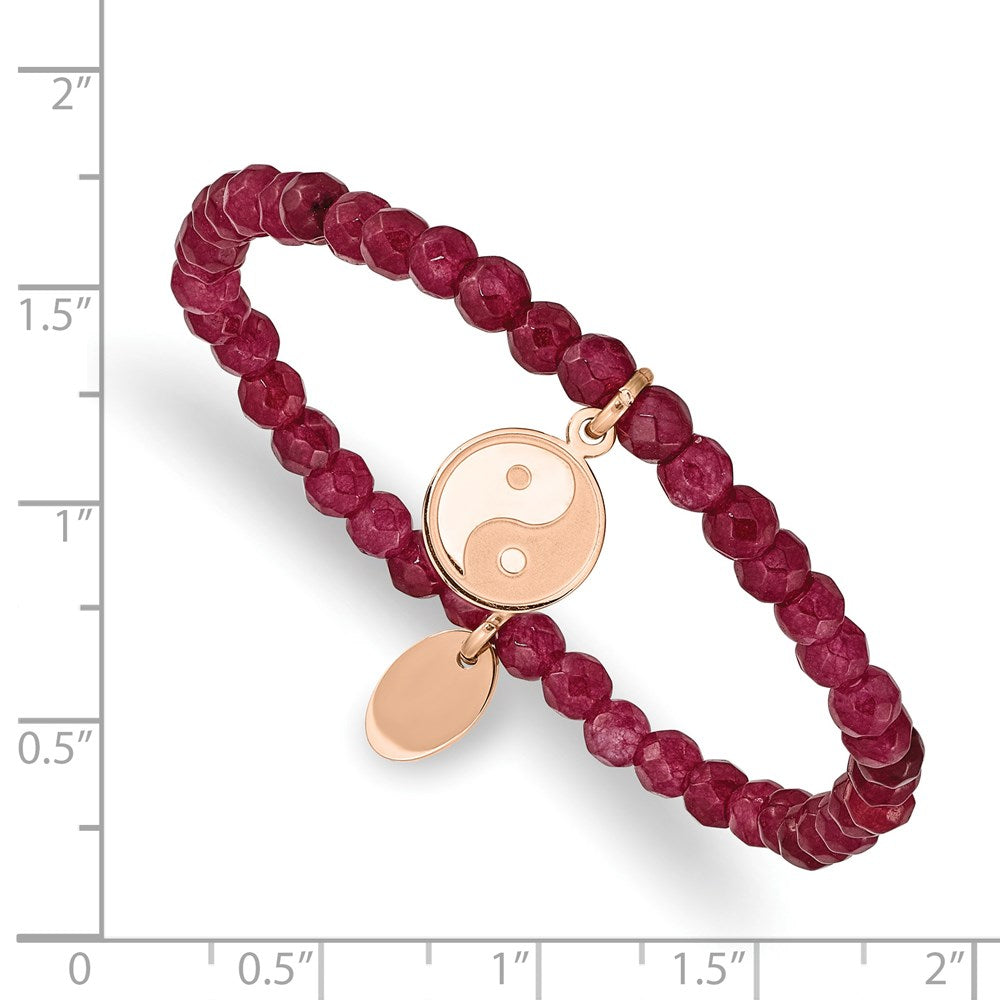 Stainless Steel Polished & Satin Rose IP YingYang Red Jade Stretch Bracelet 6 inches