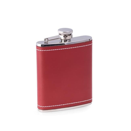 Bey-Berk International FS156 6 oz Stainless Steel Red Leather White Stitch Flask, Red, White & Silver