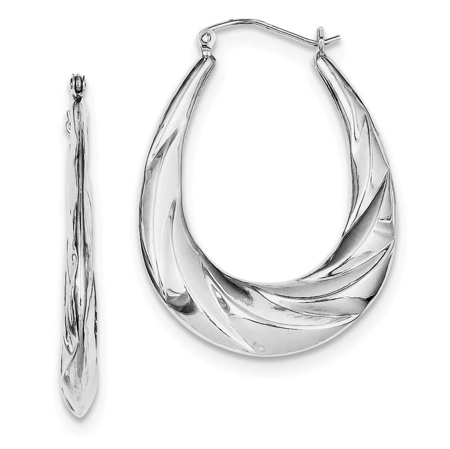 Sterling Silver Rhodium-plated Twisted Scalloped Oval Hoop Earrings