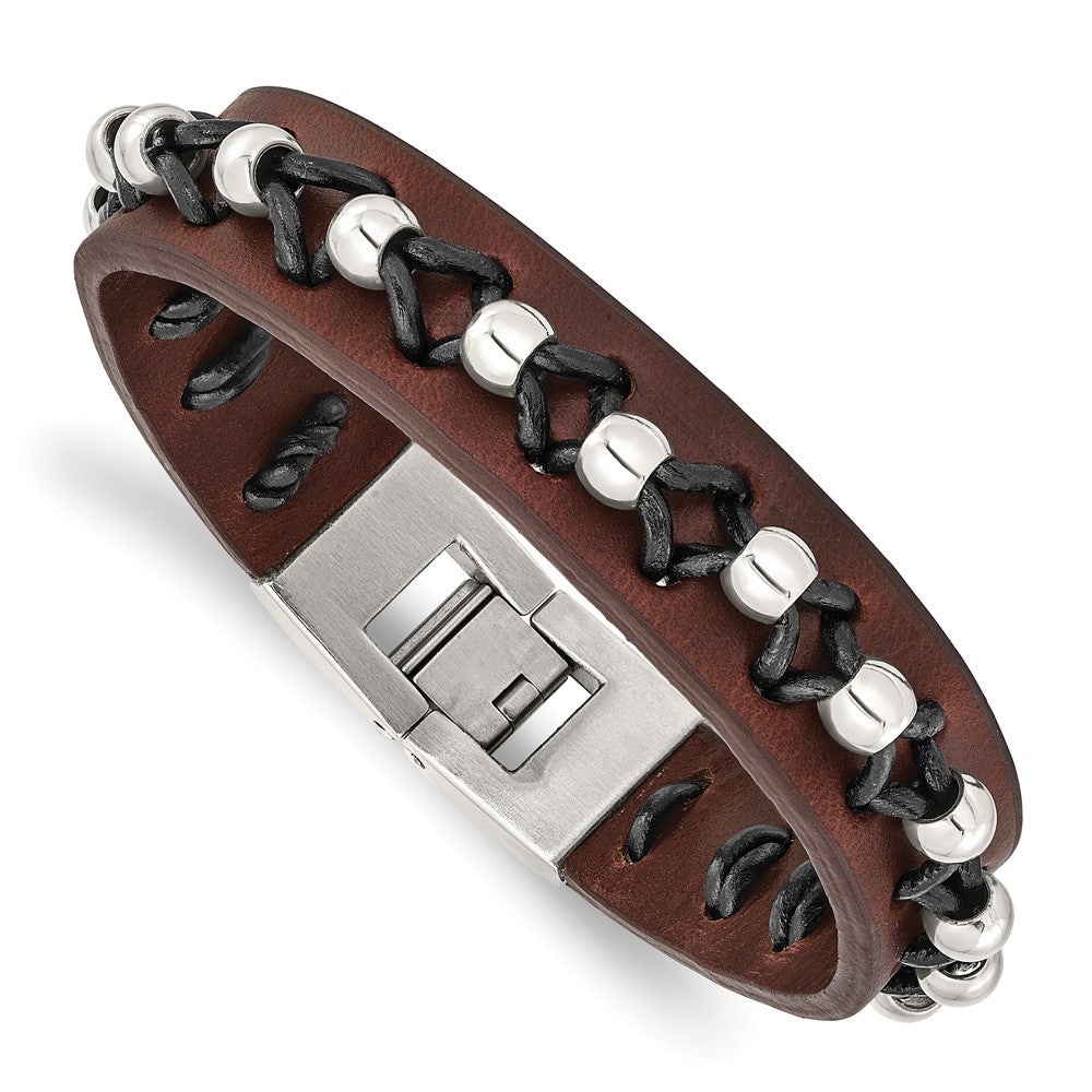 Stainless Steel Brown Leather with Polished Beads 8.5in Bracelet 8.5 inches