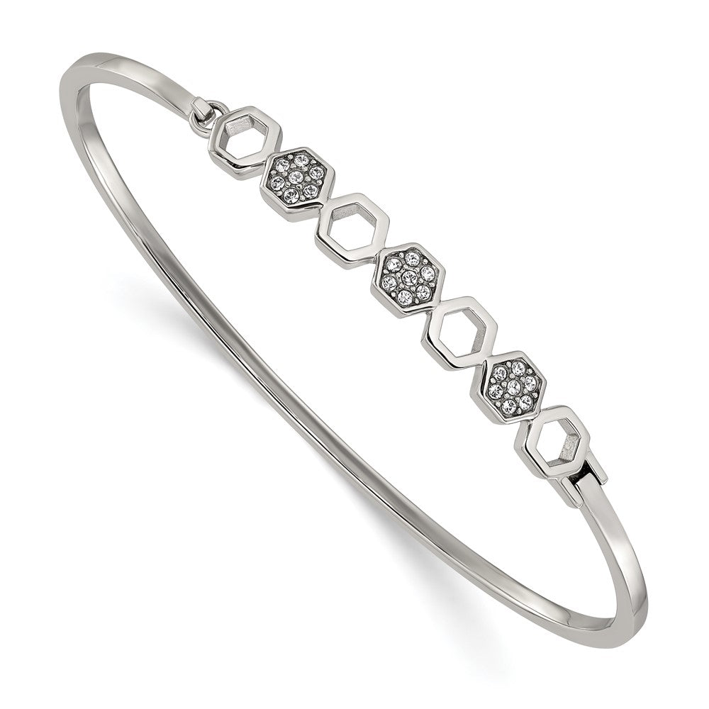 Chisel Stainless Steel Polished with Crystals Hexagons 6.5 inch Hinged Bangle 6.5 inches