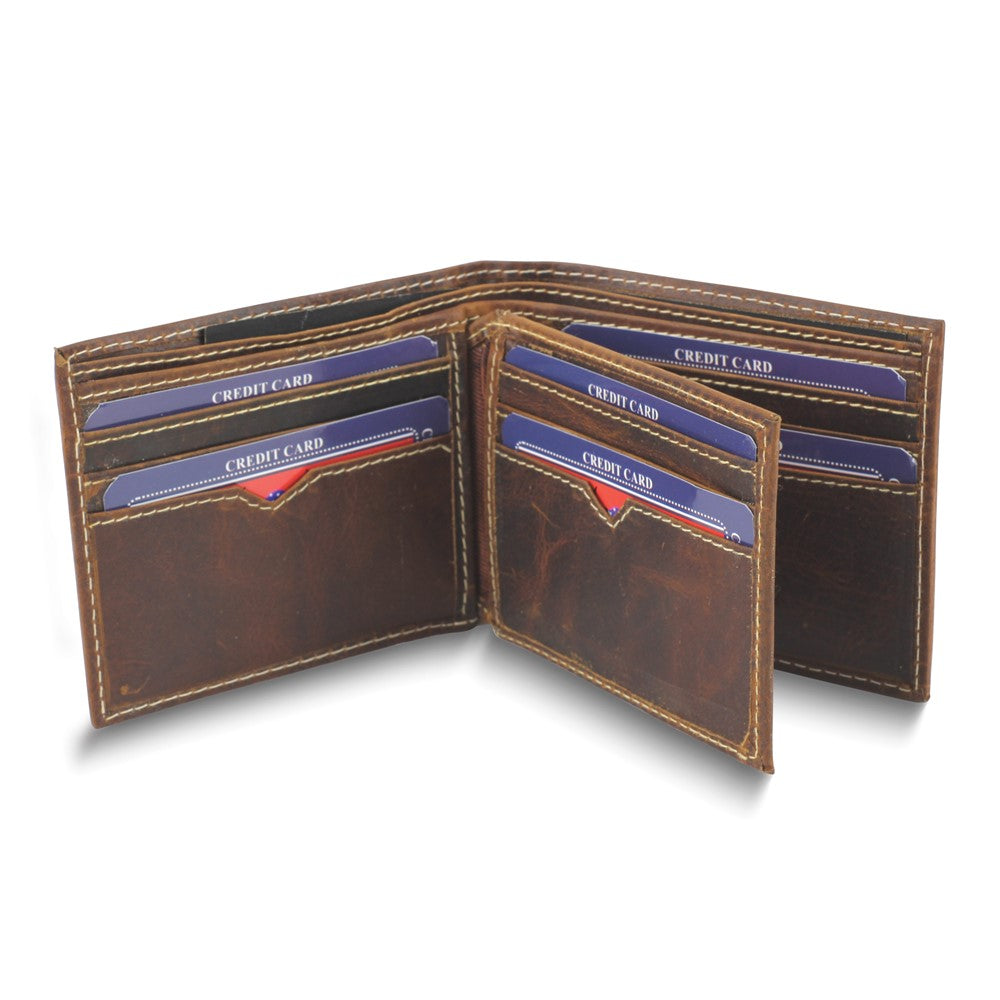 Brown Oiled Leather RFID Blocking Center Flap 9-Slot Bifold Wallet with ID Window