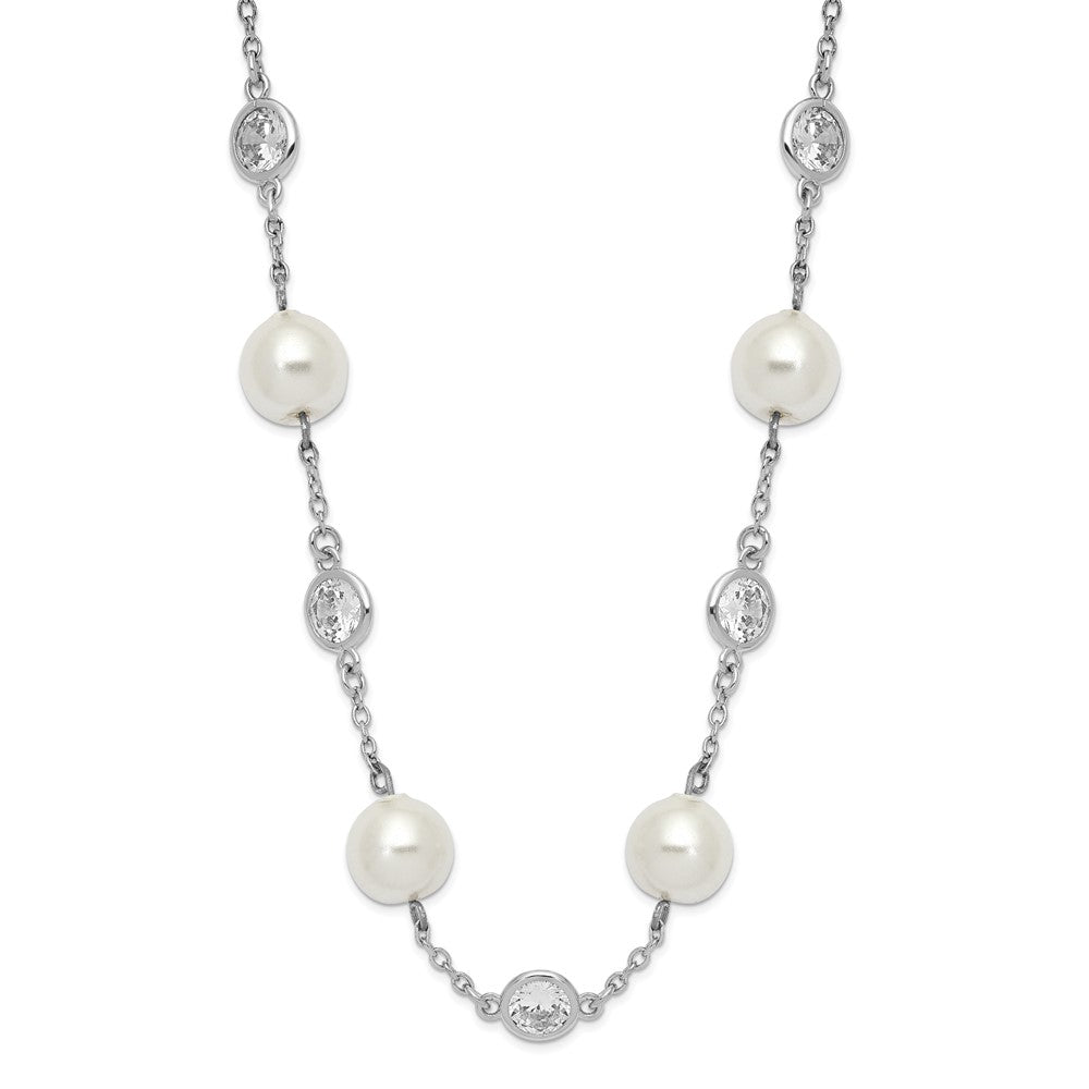 Cheryl M Sterling Silver Rhodium-plated Glass Pearl and Brilliant-cut CZ Bezel Station 18.25 Inch Necklace 18.25 Inches