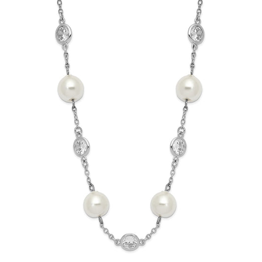 Cheryl M Sterling Silver Rhodium-plated Glass Pearl and Brilliant-cut CZ Bezel Station 18.25 Inch Necklace 18.25 Inches