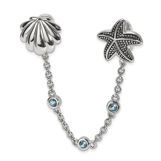 Sterling Silver Reflections Rhodium-plated 3in Security Chain Sea CZ Bead