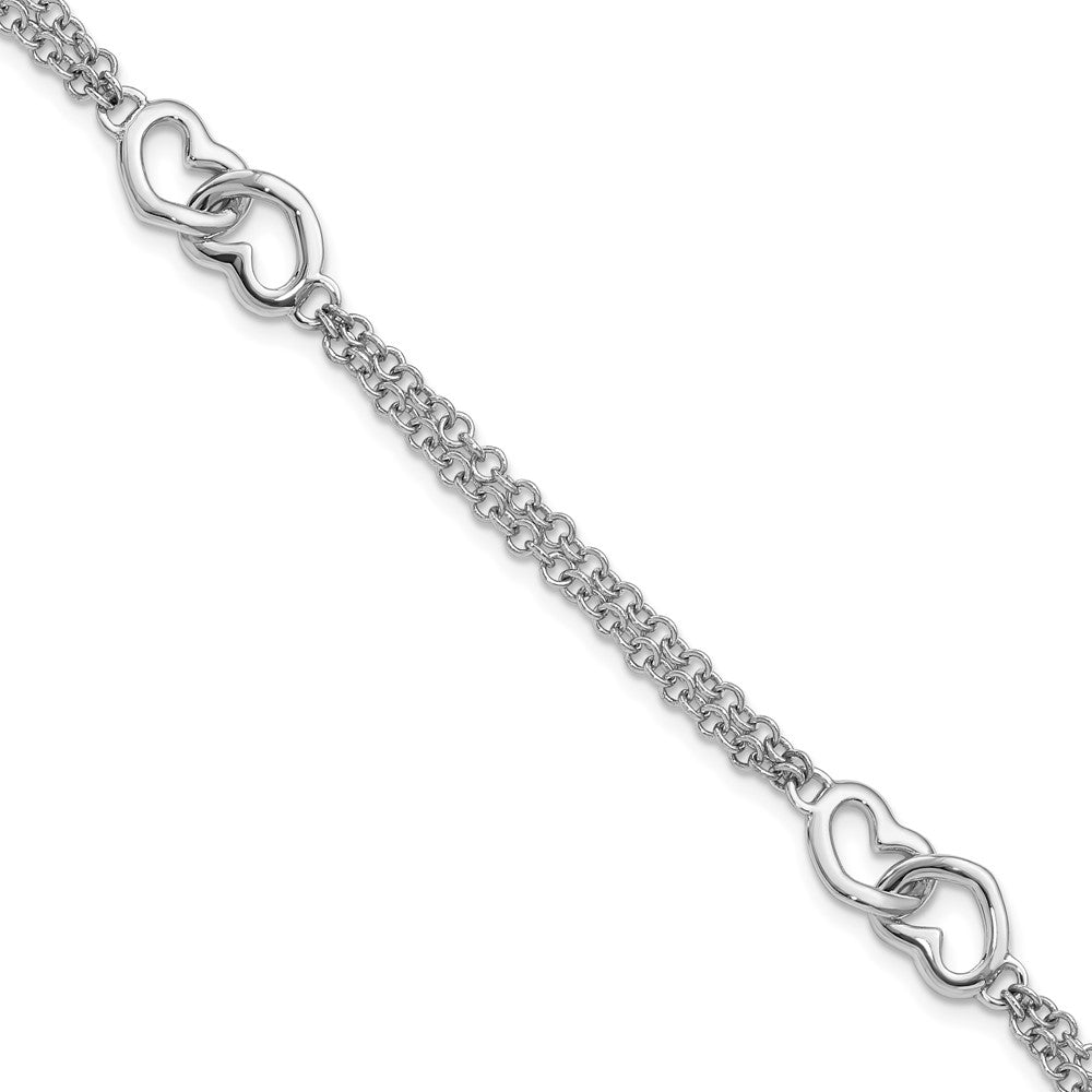 Sterling Silver Rhodium-plated Hearts Double Chain Bracelet 7 inches