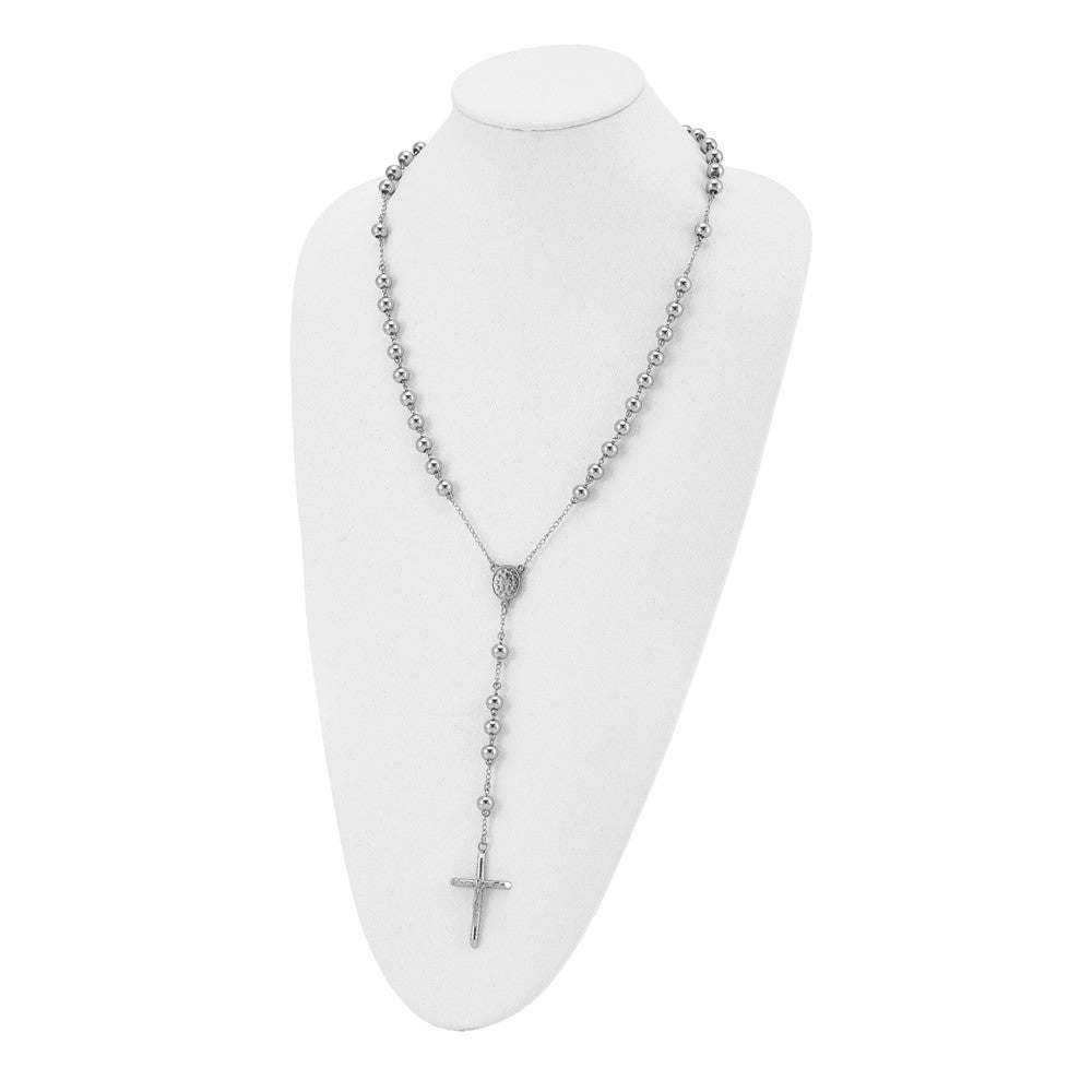 Stainless Steel Polished 8mm Beaded Rosary 32.5 inch Necklace