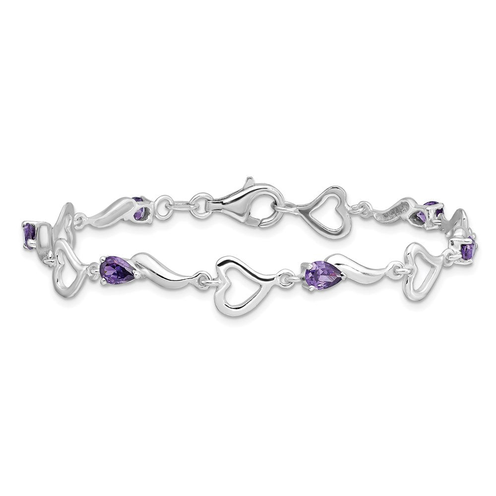 Sterling Silver Rhodium-plated Amethyst Polished Fancy Heart Bracelet 7 inches