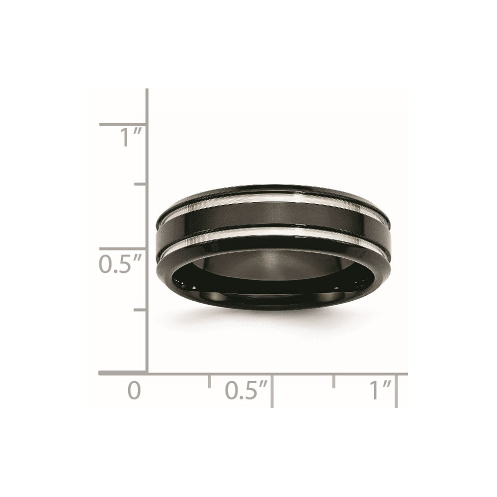 Stainless Steel Polished Black IP-plated 7mm Grooved Band Size - 10.5