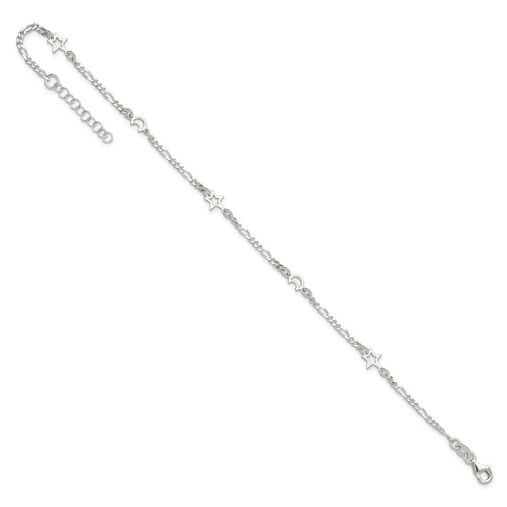 Sterling Silver Polished Moon and Star 9in Plus 1in Ext. Anklet 9 inches
