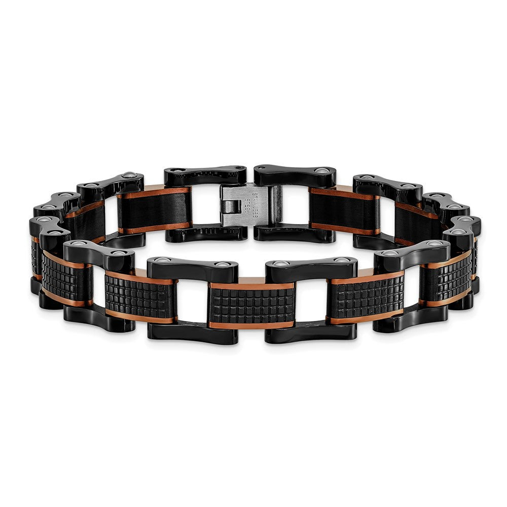 Stainless Steel Polished & Textured Black & Brown IP 8.25in Bracelet 8.25 inches