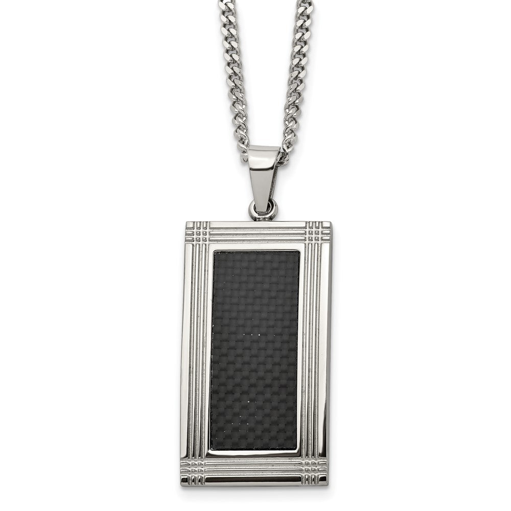 Stainless Steel Polished Grooved Black Carbon Fiber Inlay 24in Necklace