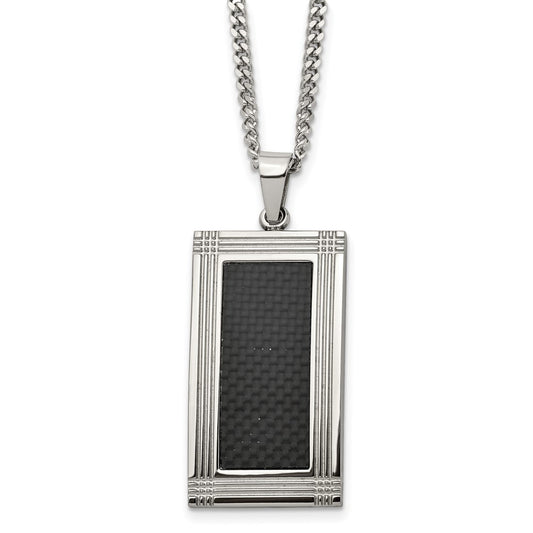 Stainless Steel Polished Grooved Black Carbon Fiber Inlay 24in Necklace