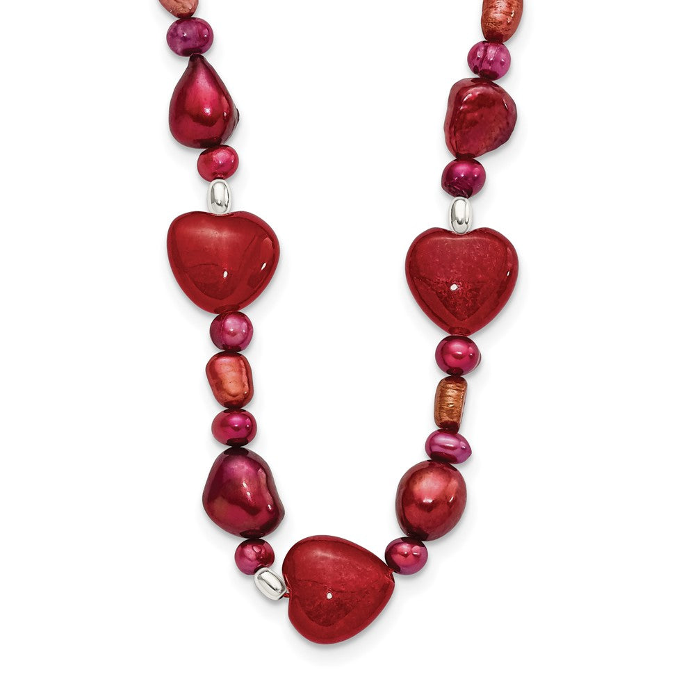 Sterling Silver Red Jade Hearts/FW Cultured Pearl Necklace 17 Inches