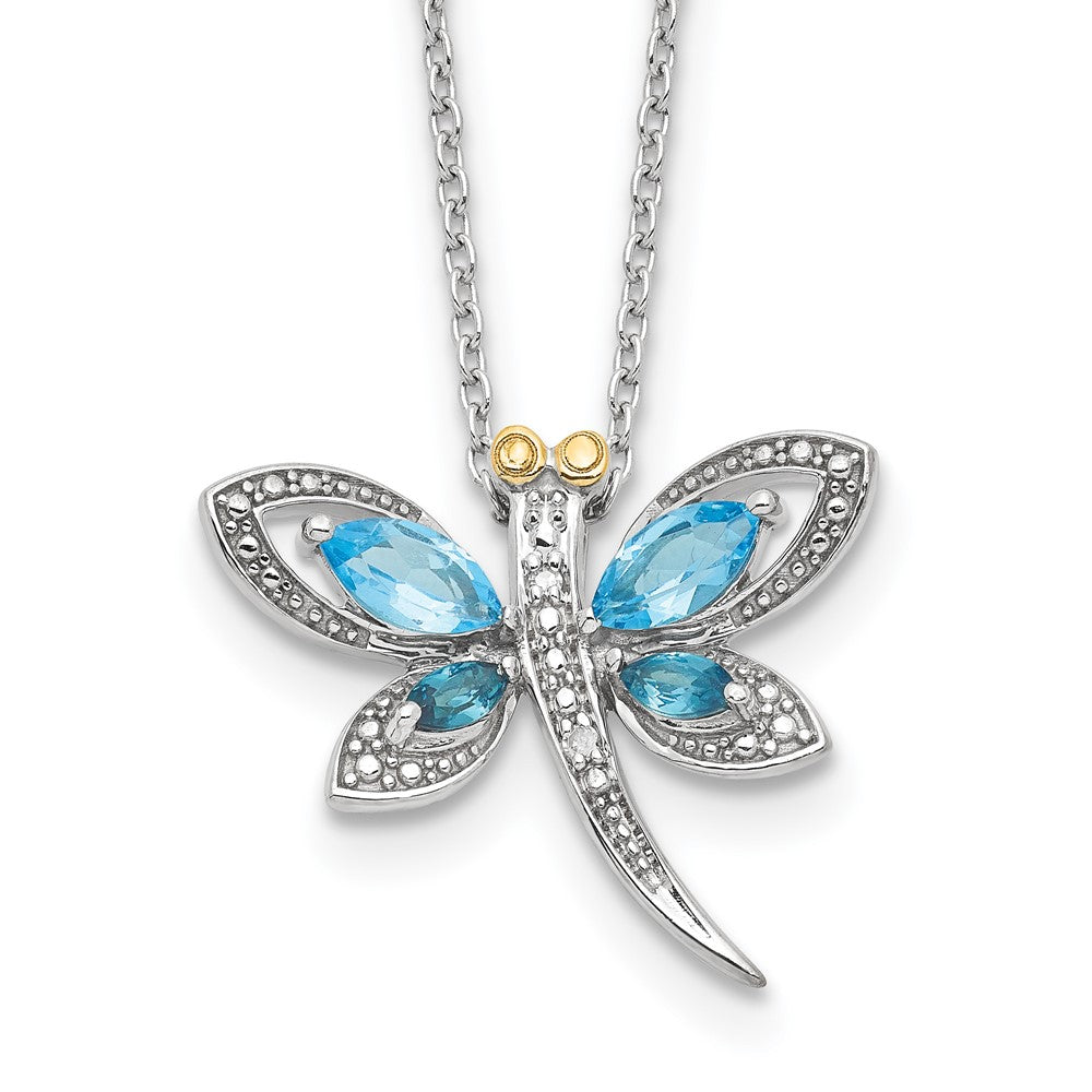 Brilliant Gemstones Sterling Silver with 14K Accent Rhodium-plated Light Blue Topaz and London Blue Topaz and Diamond Dragonfly 18 Inch Necklace with 2 Inch Extender 17 Inches