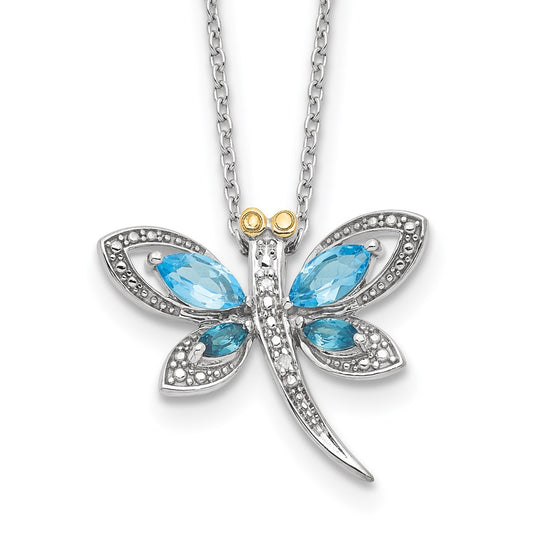 Brilliant Gemstones Sterling Silver with 14K Accent Rhodium-plated Light Blue Topaz and London Blue Topaz and Diamond Dragonfly 18 Inch Necklace with 2 Inch Extender 17 Inches