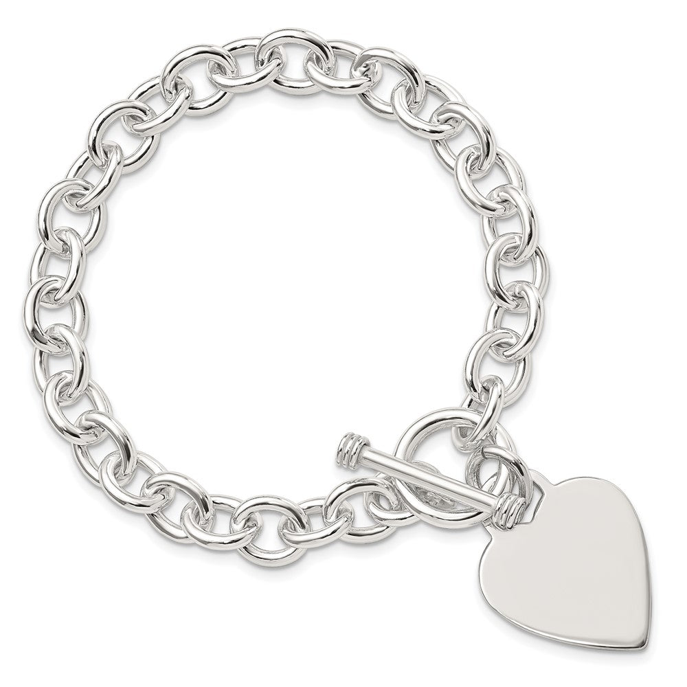 Sterling Silver Engraveable Heart Disc on Fancy Link Toggle Bracelet 7.75 inches