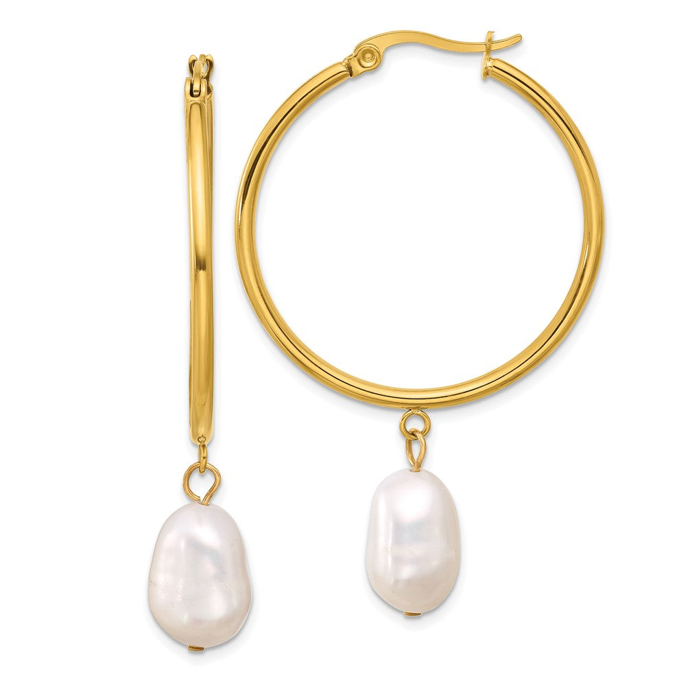 Chisel Stainless Steel Polished Yellow IP-plated White Baroque Freshwater Cultured Pearl Dangle Hoop Earrings